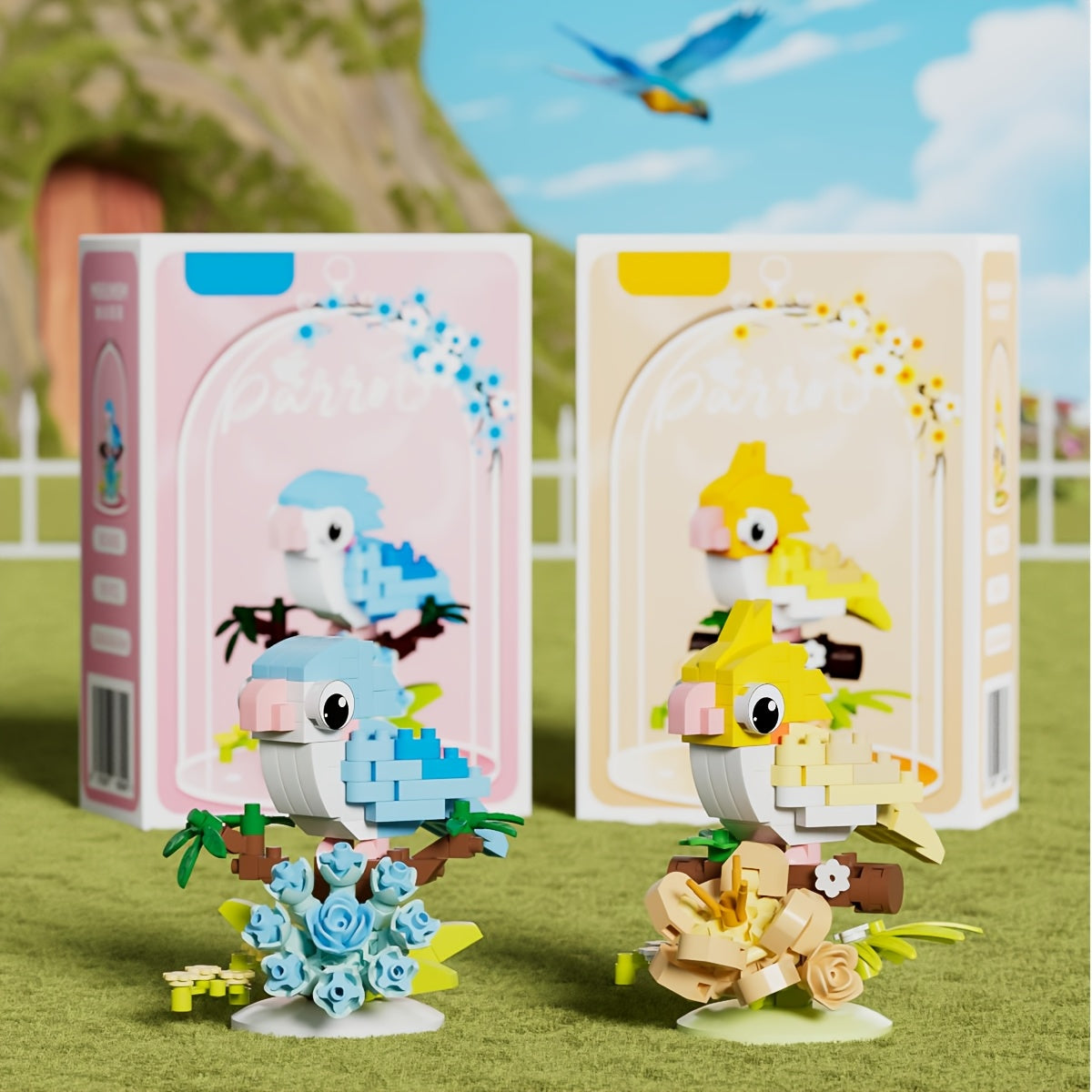 DIY Building Block Parrot Bird Series - Chibi-Style Colorful Parrots with Expressive Eyes, Sturdy Base & Decorative Display for Christmas\u002FHalloween Gifts, Home\u002FOffice Decor - Multi-Color (Blue, Yellow, Pink, Green, Red, White, Black) - Creative