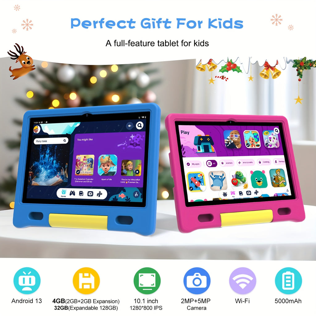 Expandable Up to 128GB, Kids Tablet, 10.1-Inch Android 13 Tablet, Shockproof Case, (2+2 Expansion) GB+32GB, 1280*800, 5000Mah, Dual Camera, 5MP+2MP, Parental Control, Kids Space, Best Gift for Kids (Pink+Blue), Tablet, Pad