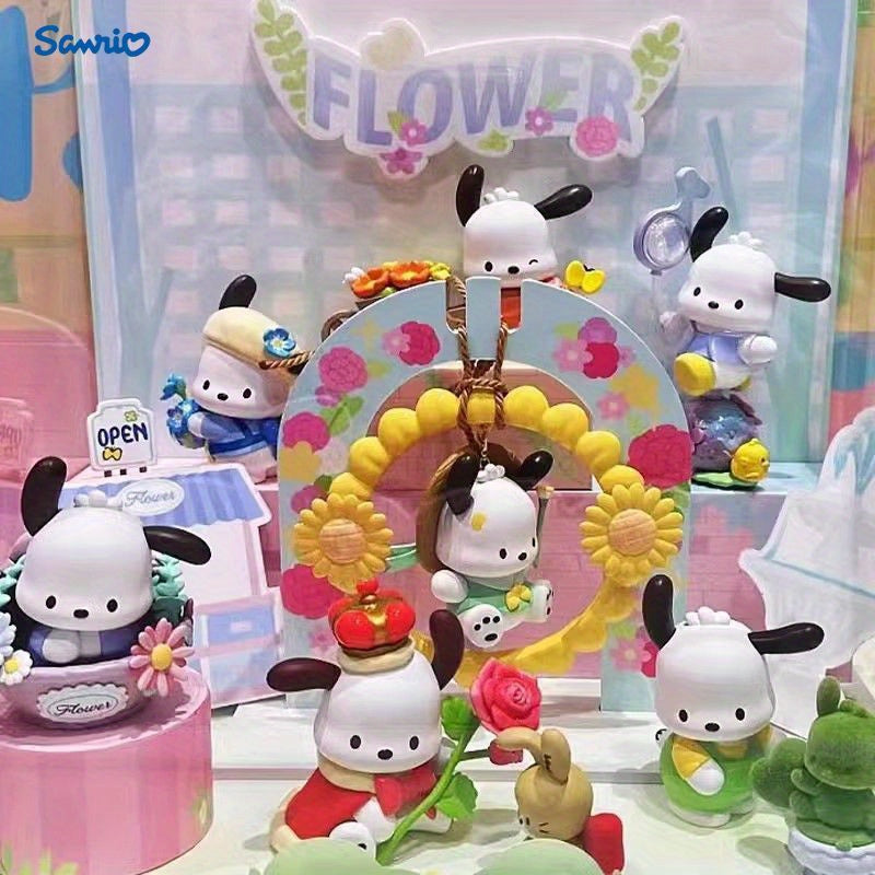 Sanrio Genuine 7pcs Set Pochacco Plush- White PVC Cartoon Mystery Box, Festival Party Fashion Doll Decoration, Halloween and Christmas Small Gift, Floral and Youth Series, Festival Party Gift