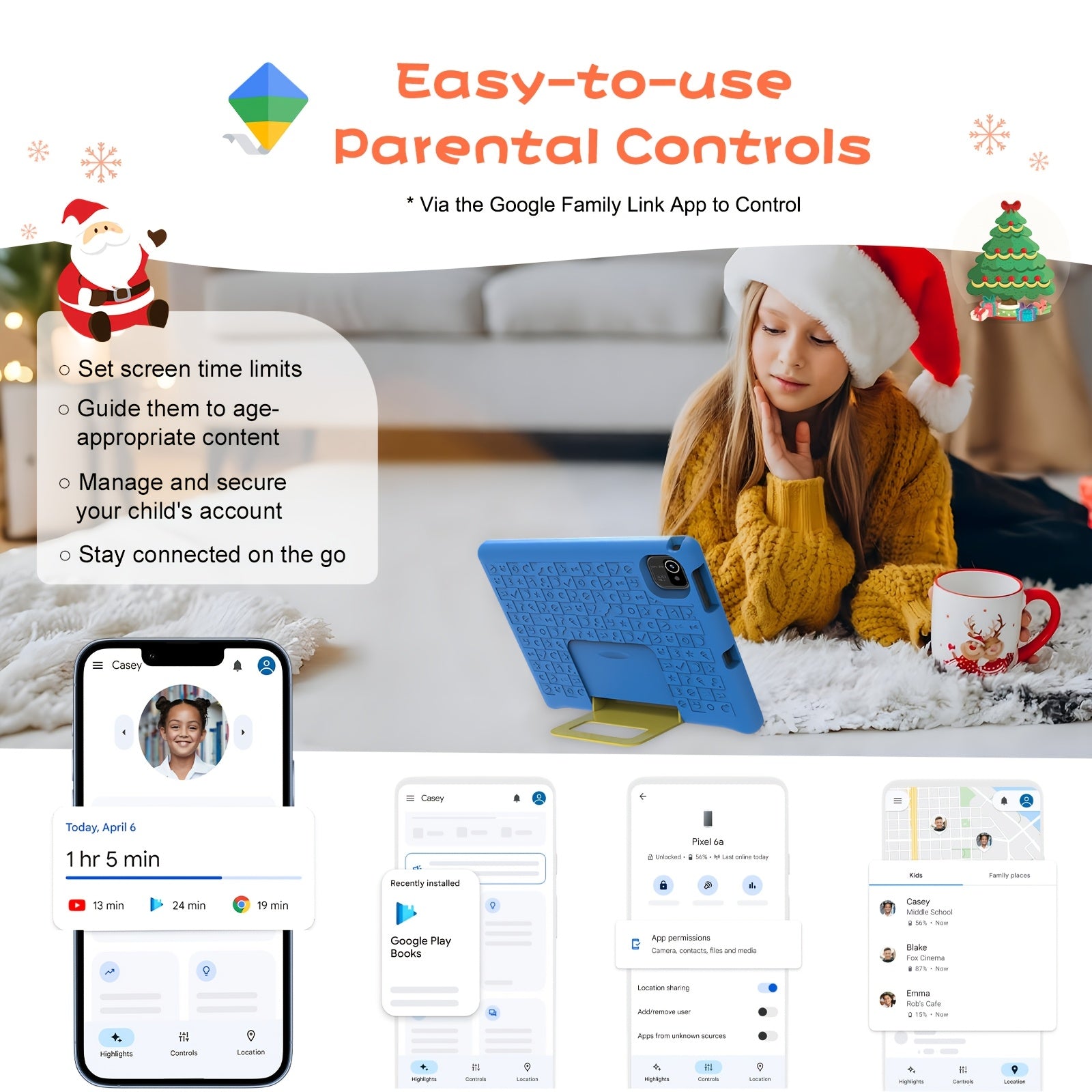 Apolomedia Kids Tablet, 10.1 Inch Android 13 Tablet For Kids, 128GB Expand, HD Touch Screen, 5-8 Hr Battery, Educational Games, Learning Tablet With Parental Control, Wi-Fi, Pre-Installed App, Tablet, Pad