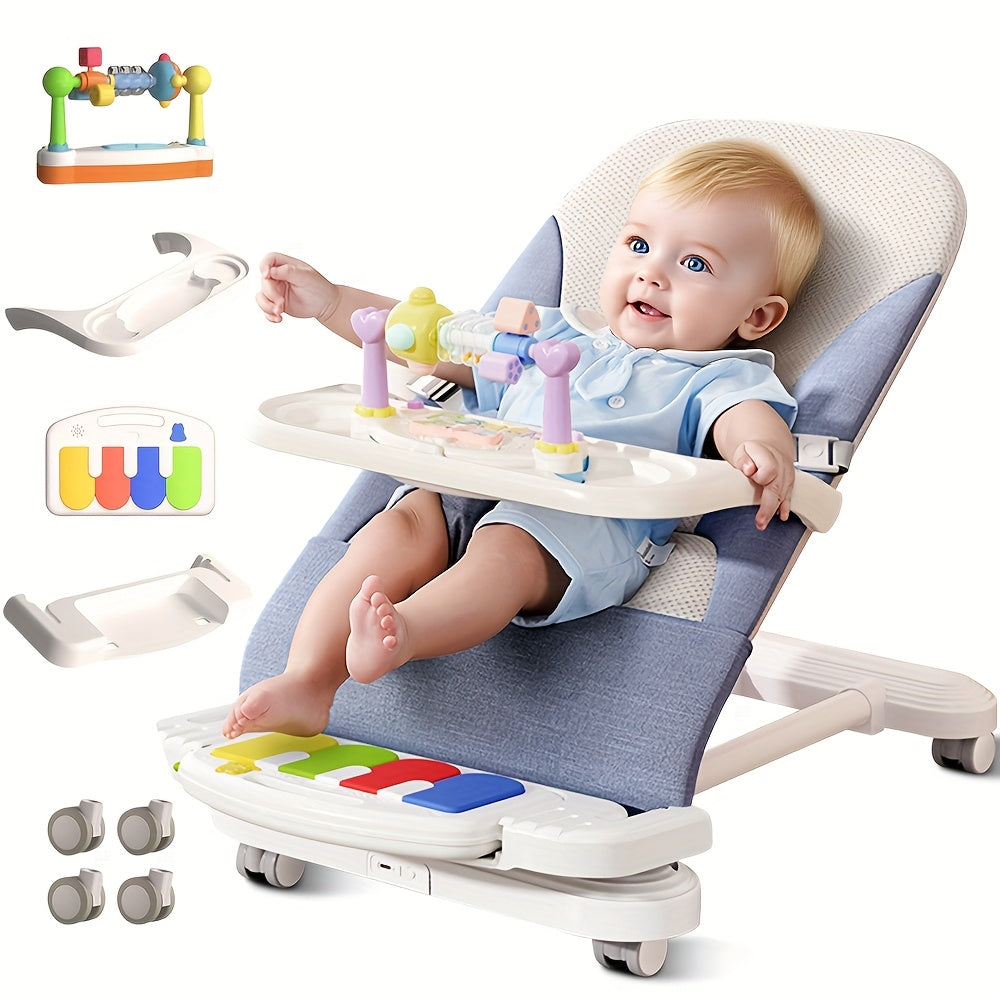 Youngsters Bouncer 4-in-1 with Wheels, Detachable Piano, Feeding Tray, Play Bar, Thick Base. 3-Level Incline Portable Seat for Youngsters to Youngsters 0-6, 0-12, 12-24 Months, Upto 29Lbs