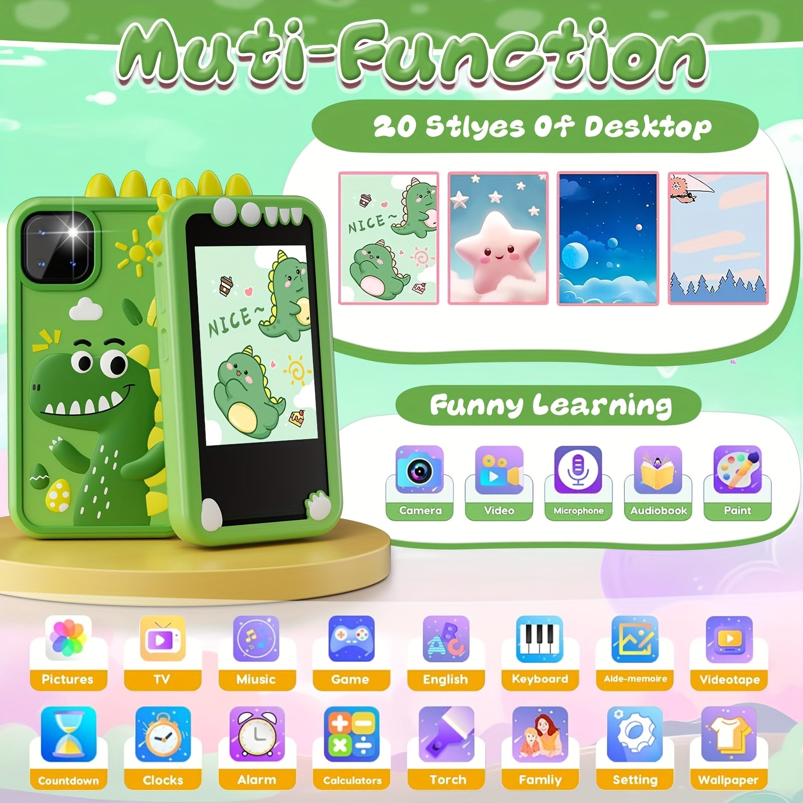 Dinosaur Phone Toy for Kids - Touchscreen HD Dual Camera Educational Learning Toy with Interactive Dinosaur Graphics, Travel & Birthday\u002FChristmas Gift for Boys & Girls Ages 3-14 (Peacock Green\u002FBlue)