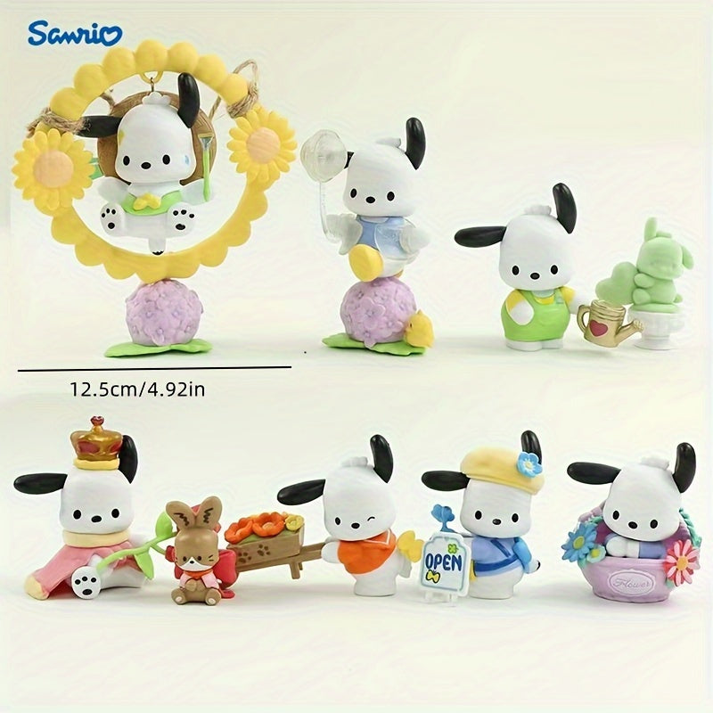 Sanrio Genuine 7pcs Set Pochacco Plush- White PVC Cartoon Mystery Box, Festival Party Fashion Doll Decoration, Halloween and Christmas Small Gift, Floral and Youth Series, Festival Party Gift