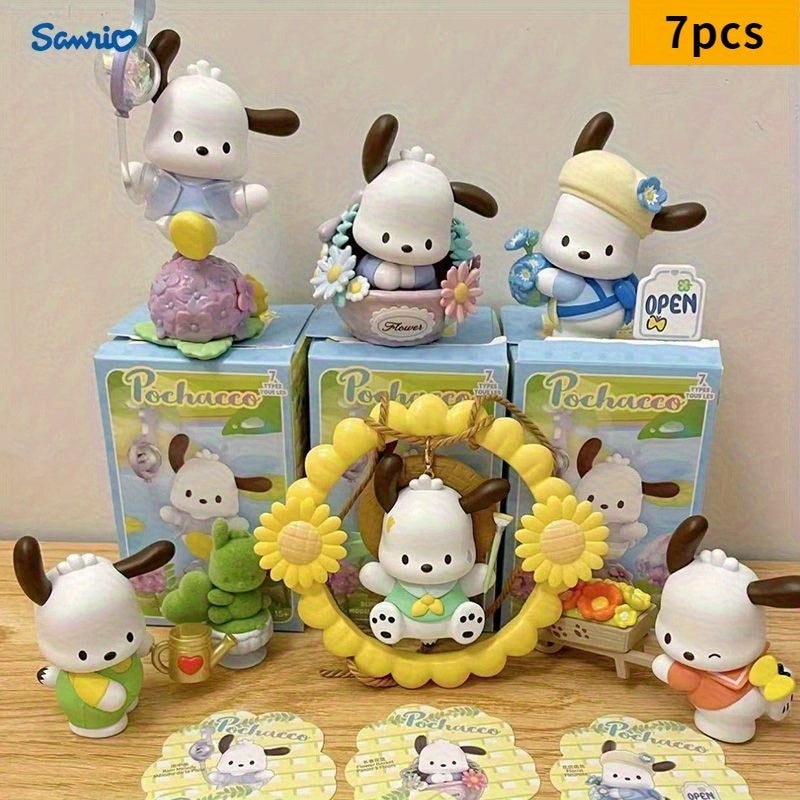 Sanrio Genuine 7pcs Set Pochacco Plush- White PVC Cartoon Mystery Box, Festival Party Fashion Doll Decoration, Halloween and Christmas Small Gift, Floral and Youth Series, Festival Party Gift