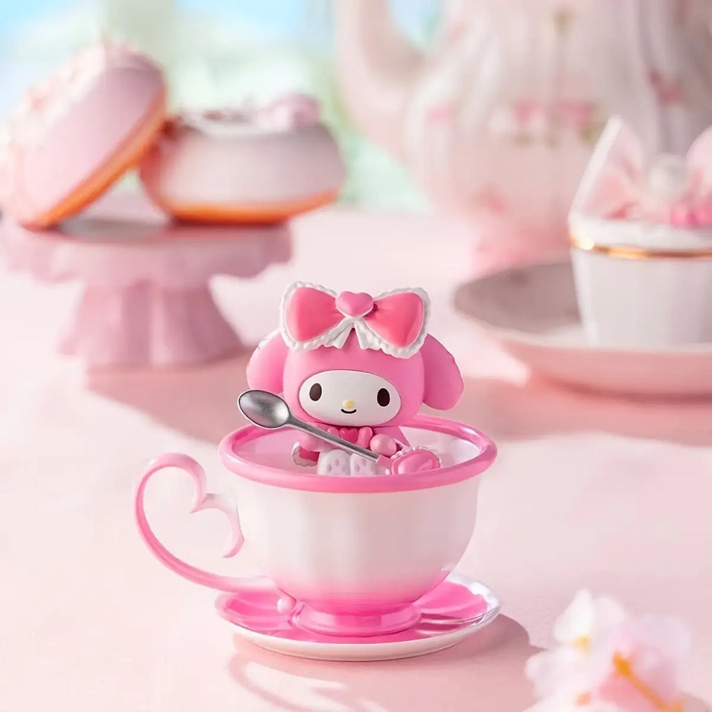 Sanrio Official Kuromi Tea Cup Elf Mystery Box - Pink Collectible PVC Doll with Tea Set, Cute Anime Character Figure, Chibi-Style Random Accessory (Bows\u002FToppings), Gift, No Power Required, Display for Desk & Shelf, Figurine, Figurines, Trinkets