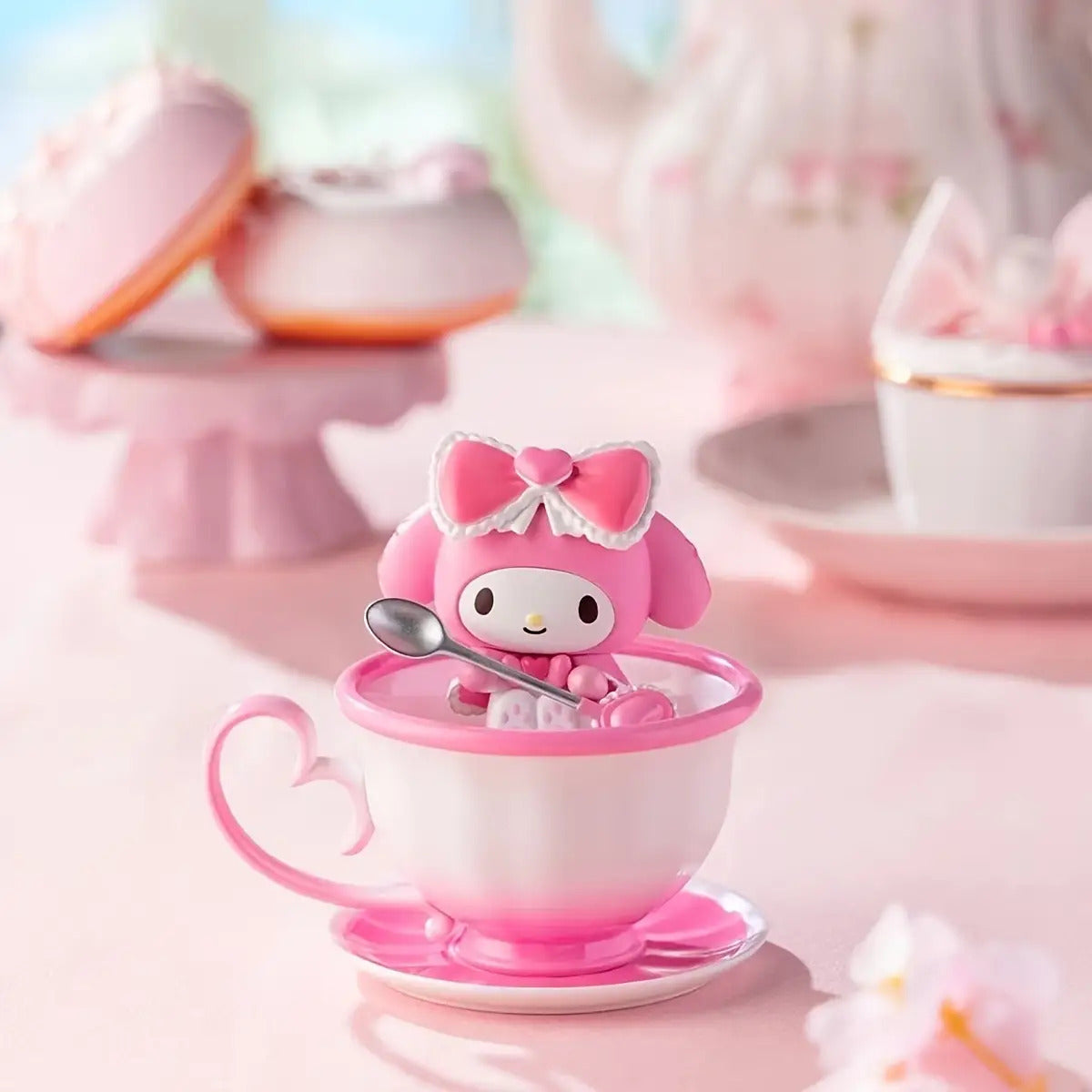 Sanrio Official Kuromi Tea Cup Elf Mystery Box - Pink Collectible PVC Doll with Tea Set, Cute Anime Character Figure, Chibi-Style Random Accessory (Bows\u002FToppings), Gift, No Power Required, Display for Desk & Shelf, Figurine, Figurines, Trinkets