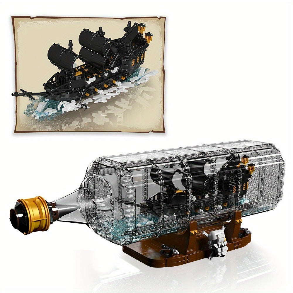 Pirate Ship In Bottle Building Block Model Kit, Pirate Ship Building Block Model, Ideal Collectible For Ship Construction Building Block Model Enthusiasts And Lovers, Home\u002Foffice Trendy Decor, New Year\u002FChristmas Gifts (2416\u002F2488\u002F2499pc