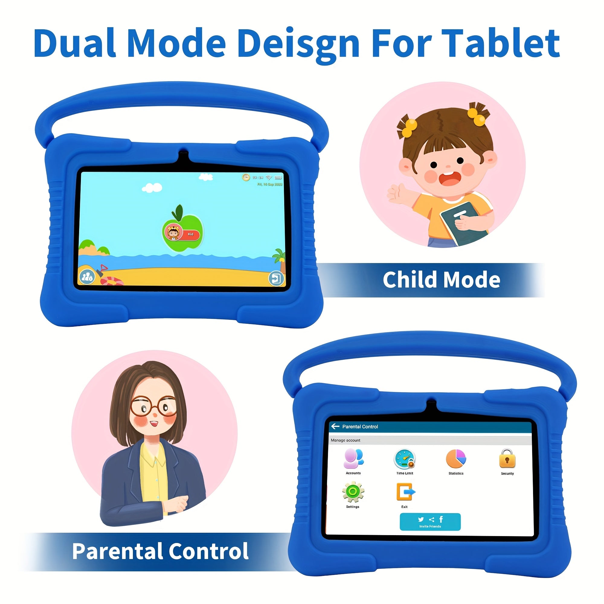 Veidoo Kids Tablet, 7 inch Android Tablet PC, 2GB RAM 32GB ROM, Safety Eye Protection Screen, WiFi, Dual Camera, Games, Parental Control APP, Tablet with Silicone Case