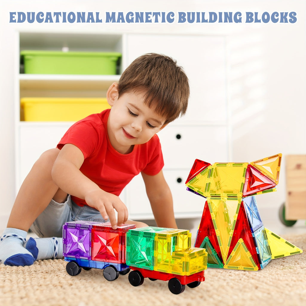 120\u002F102\u002F80pcs Deluxe Magnetic Tiles with 2 Cars Toy Set, 3D Diamond Magnet Tiles Building Blocks, Toys for 3 - 8 Years, STEM Preschool Kids Sensory Educational Toys Gift for Boys Girls, Easter