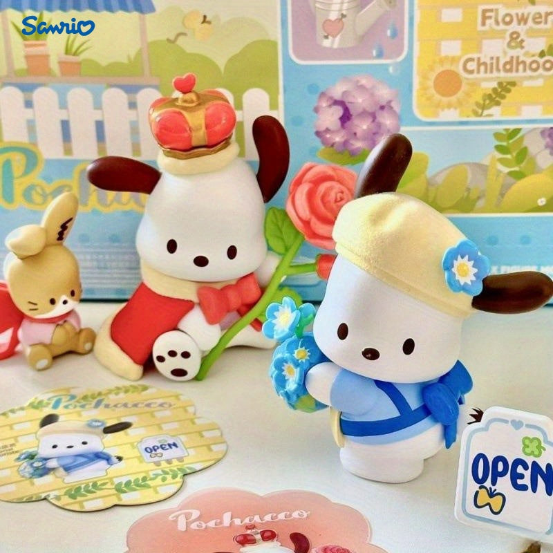 Sanrio Genuine 7pcs Set Pochacco Plush- White PVC Cartoon Mystery Box, Festival Party Fashion Doll Decoration, Halloween and Christmas Small Gift, Floral and Youth Series, Festival Party Gift