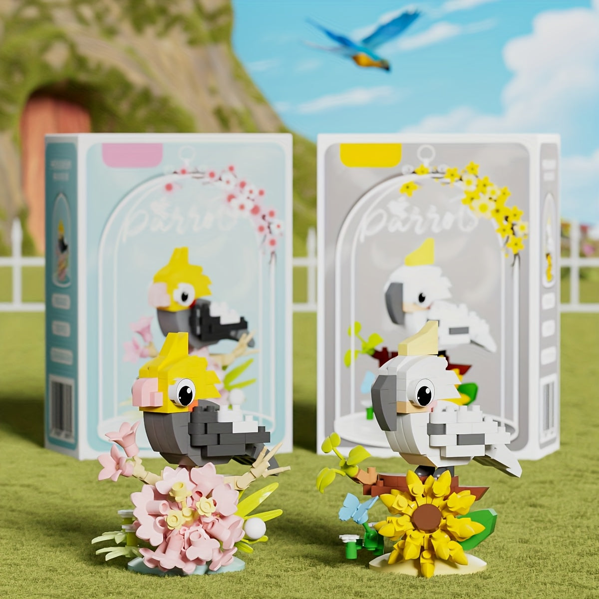 DIY Building Block Parrot Bird Series - Chibi-Style Colorful Parrots with Expressive Eyes, Sturdy Base & Decorative Display for Christmas\u002FHalloween Gifts, Home\u002FOffice Decor - Multi-Color (Blue, Yellow, Pink, Green, Red, White, Black) - Creative