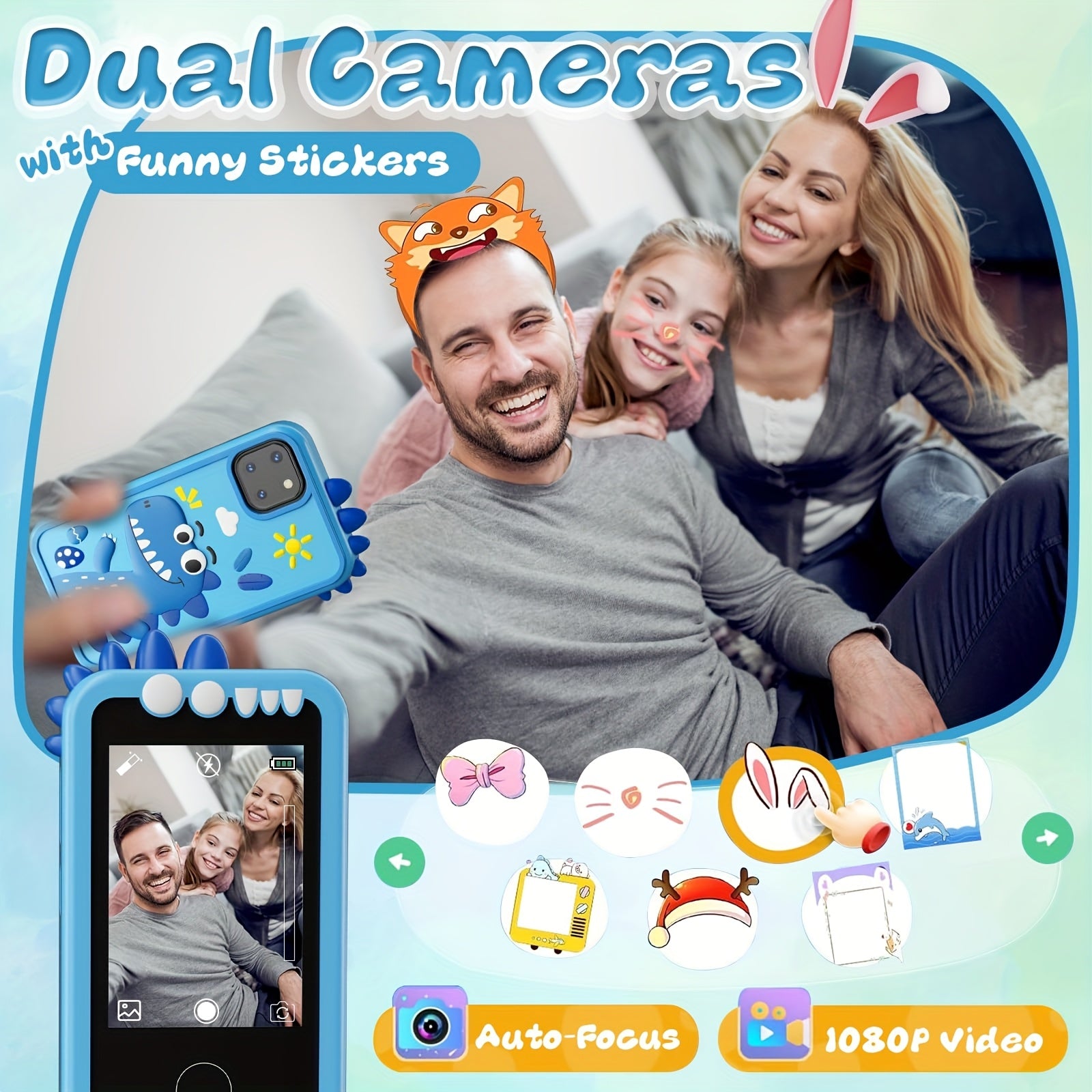 Dinosaur Phone Toy for Kids - Touchscreen HD Dual Camera Educational Learning Toy with Interactive Dinosaur Graphics, Travel & Birthday\u002FChristmas Gift for Boys & Girls Ages 3-14 (Peacock Green\u002FBlue)