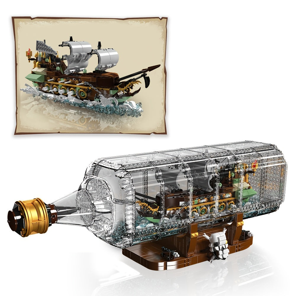 Pirate Ship In Bottle Building Block Model Kit, Pirate Ship Building Block Model, Ideal Collectible For Ship Construction Building Block Model Enthusiasts And Lovers, Home\u002Foffice Trendy Decor, New Year\u002FChristmas Gifts (2416\u002F2488\u002F2499pc