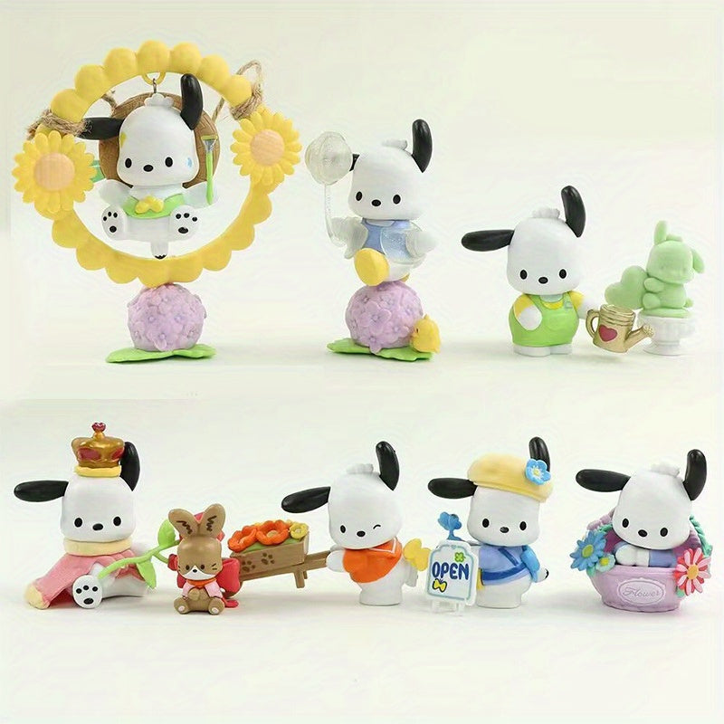 Sanrio Genuine 7pcs Set Pochacco Plush- White PVC Cartoon Mystery Box, Festival Party Fashion Doll Decoration, Halloween and Christmas Small Gift, Floral and Youth Series, Festival Party Gift