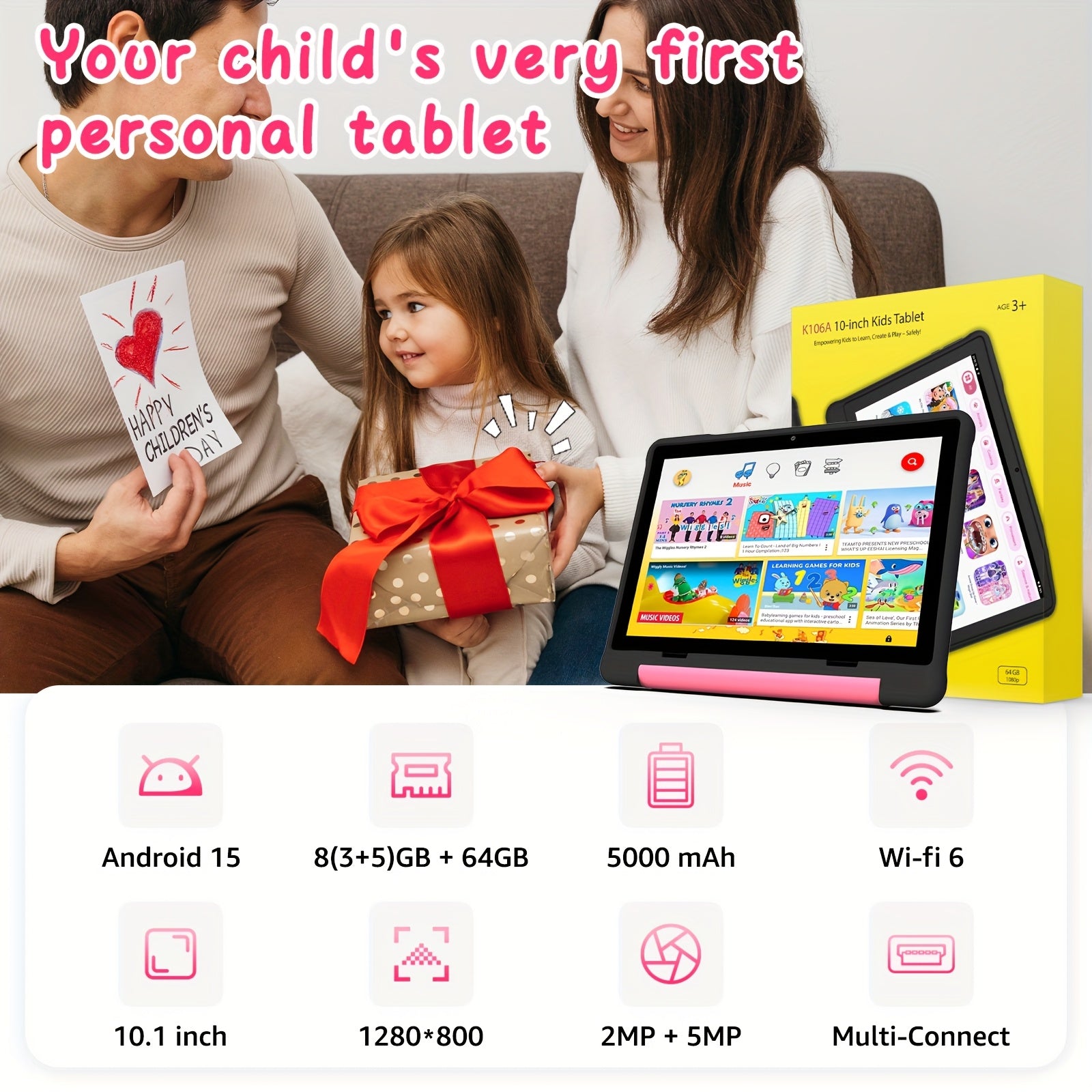 Apolosign 2025 10.1 Inch Android 13\u002F14\u002F15 Kids Tablet, 8(3+5)GB+64GB, 8-Core, WiFi 6, 5MP+2MP, 1280*800 HD Display, Parental Control, Educational, Shockproof & Handheld Case, Kids Space, Halloween Christmas Gift, Pre-Installed Apps, Tablet, Pad