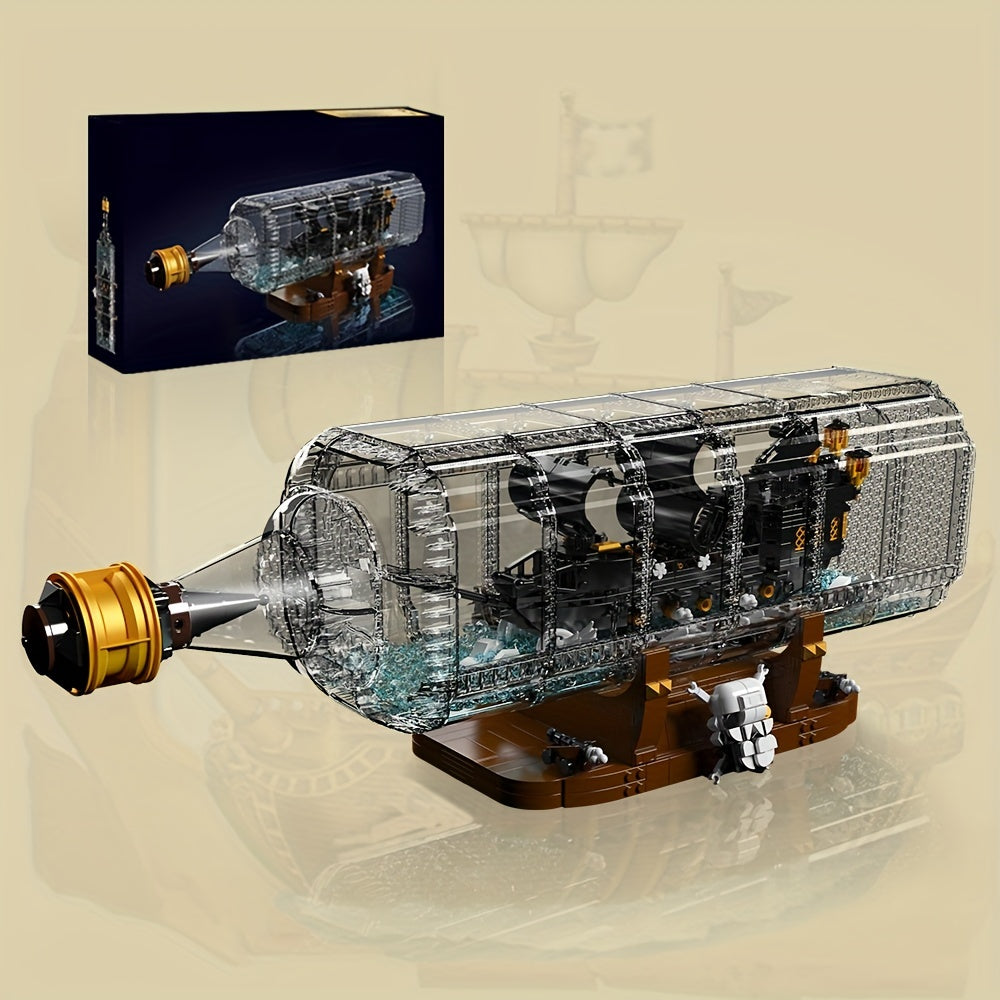 Pirate Ship In Bottle Building Block Model Kit, Pirate Ship Building Block Model, Ideal Collectible For Ship Construction Building Block Model Enthusiasts And Lovers, Home\u002Foffice Trendy Decor, New Year\u002FChristmas Gifts (2416\u002F2488\u002F2499pc