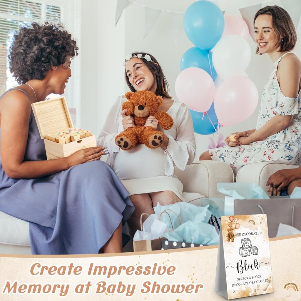 136pcs Marsui Shower Block Building - 98 Wood Blocks, 36 Markers & Storage Box with Alphabet, Numbers, Patterns - Gender Reveal Party Games, DIY Decor, Announcement Activity Kit for & Showers