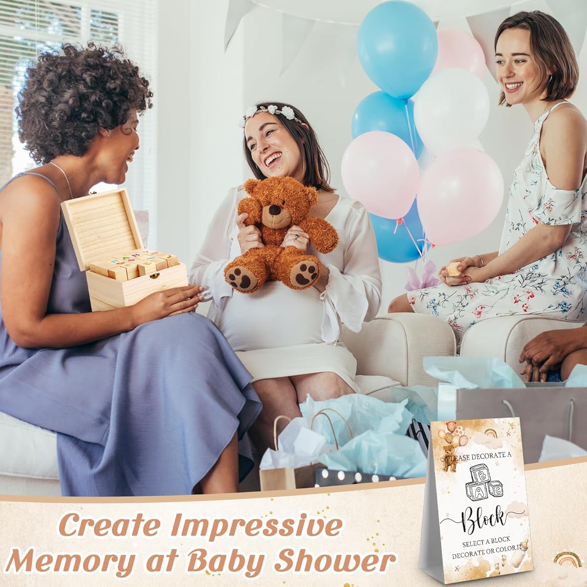 136pcs Marsui Shower Block Building - 98 Wood Blocks, 36 Markers & Storage Box with Alphabet, Numbers, Patterns - Gender Reveal Party Games, DIY Decor, Announcement Activity Kit for & Showers