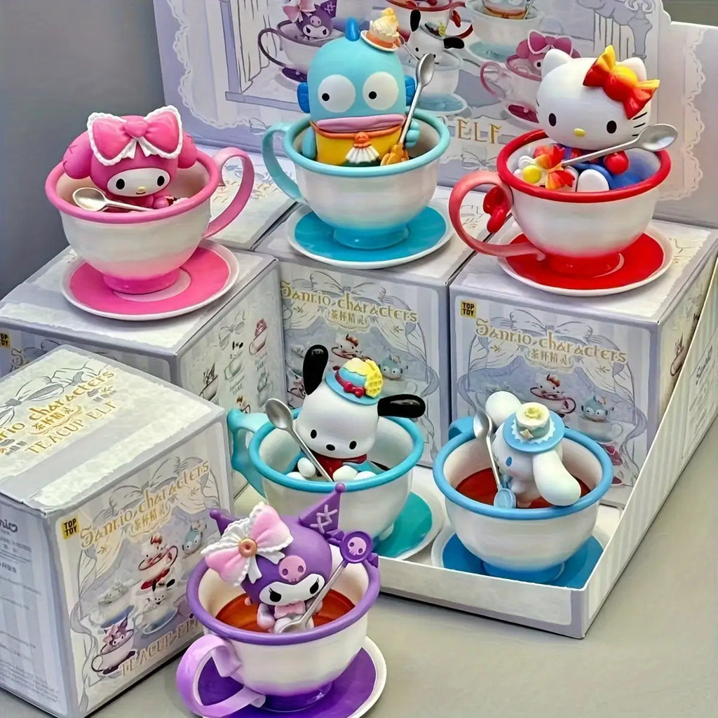 Sanrio Official Kuromi Tea Cup Elf Mystery Box - Pink Collectible PVC Doll with Tea Set, Cute Anime Character Figure, Chibi-Style Random Accessory (Bows\u002FToppings), Gift, No Power Required, Display for Desk & Shelf, Figurine, Figurines, Trinkets