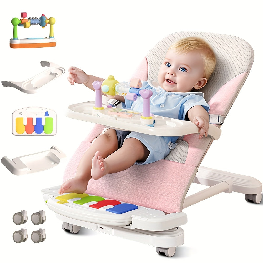Youngsters Bouncer 4-in-1 with Wheels, Detachable Piano, Feeding Tray, Play Bar, Thick Base. 3-Level Incline Portable Seat for Youngsters to Youngsters 0-6, 0-12, 12-24 Months, Upto 29Lbs