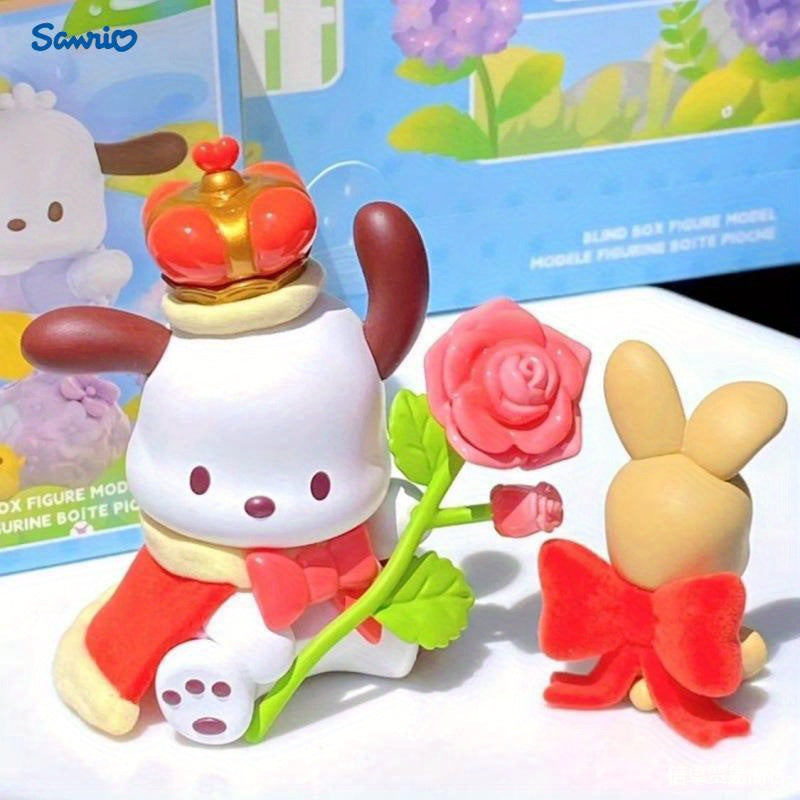 Sanrio Genuine 7pcs Set Pochacco Plush- White PVC Cartoon Mystery Box, Festival Party Fashion Doll Decoration, Halloween and Christmas Small Gift, Floral and Youth Series, Festival Party Gift
