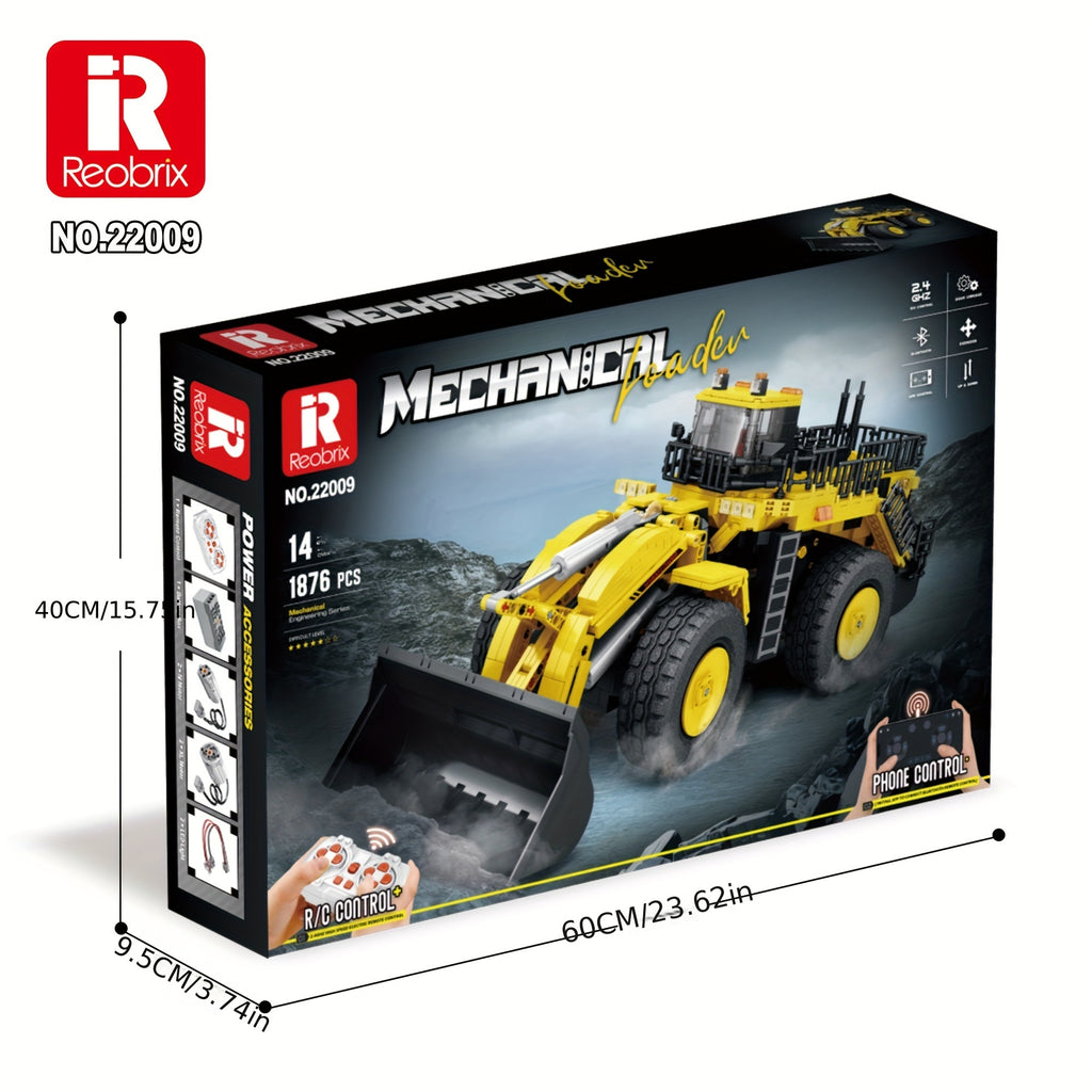 1876pcs Reobrix 22009 Yellow Shovel Loader Building Blocks, Remote Control Crane Vehicle Building Model Kits, High Difficulty Toy Assembly Model, Halloween, Christmas And Birthday Gift for Adults