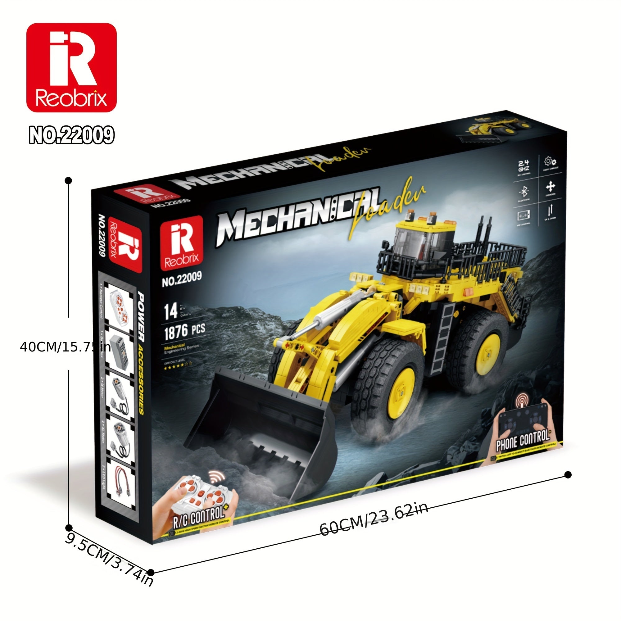 1876pcs Reobrix 22009 Yellow Shovel Loader Building Blocks, Remote Control Crane Vehicle Building Model Kits, High Difficulty Toy Assembly Model, Halloween, Christmas And Birthday Gift for Adults