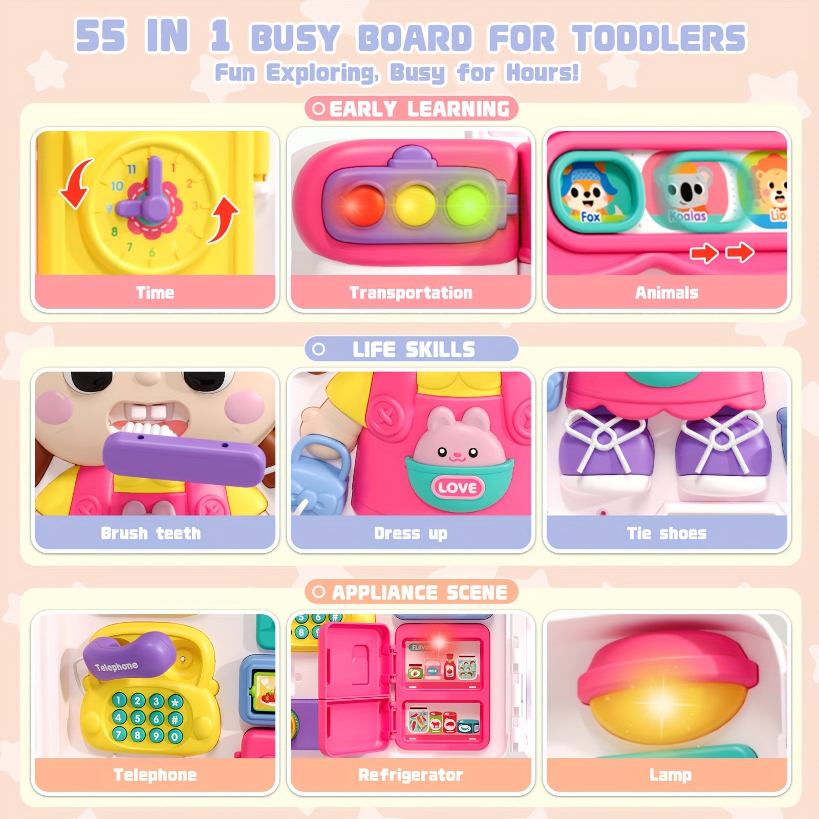 Musical Busy Board Toys 54-in-1 English & Spanish Musical Busy Board Toys 1-3, Early Educational Toy for 1, 2, and 3-Year-Old, Bilingual Learning Gift Ages 1+, Engagement, Playful Design, Easygrip Buttons