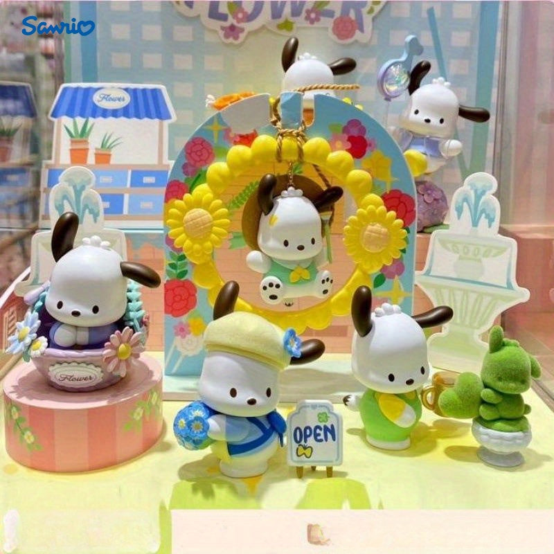Sanrio Genuine 7pcs Set Pochacco Plush- White PVC Cartoon Mystery Box, Festival Party Fashion Doll Decoration, Halloween and Christmas Small Gift, Floral and Youth Series, Festival Party Gift