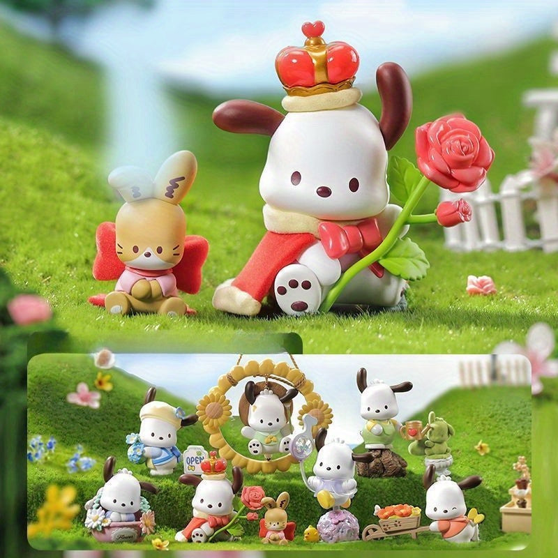 Sanrio Genuine 7pcs Set Pochacco Plush- White PVC Cartoon Mystery Box, Festival Party Fashion Doll Decoration, Halloween and Christmas Small Gift, Floral and Youth Series, Festival Party Gift