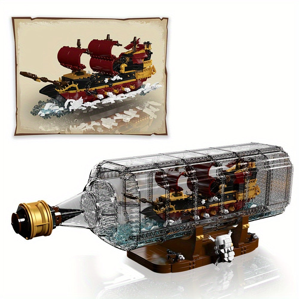 Pirate Ship In Bottle Building Block Model Kit, Pirate Ship Building Block Model, Ideal Collectible For Ship Construction Building Block Model Enthusiasts And Lovers, Home\u002Foffice Trendy Decor, New Year\u002FChristmas Gifts (2416\u002F2488\u002F2499pc