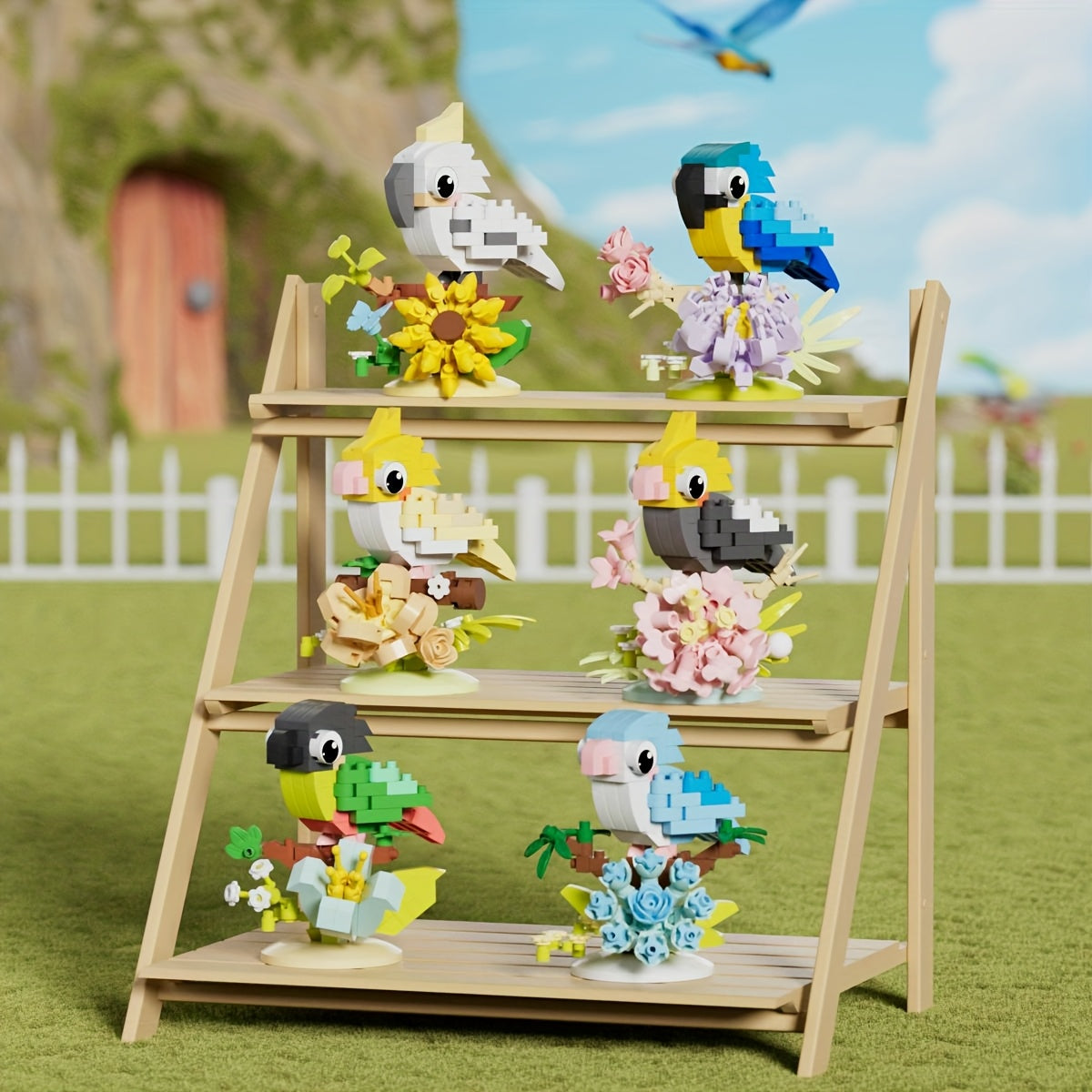 DIY Building Block Parrot Bird Series - Chibi-Style Colorful Parrots with Expressive Eyes, Sturdy Base & Decorative Display for Christmas\u002FHalloween Gifts, Home\u002FOffice Decor - Multi-Color (Blue, Yellow, Pink, Green, Red, White, Black) - Creative