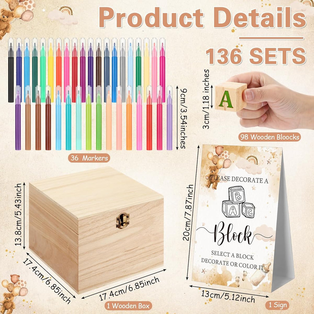 136pcs Marsui Shower Block Building - 98 Wood Blocks, 36 Markers & Storage Box with Alphabet, Numbers, Patterns - Gender Reveal Party Games, DIY Decor, Announcement Activity Kit for & Showers