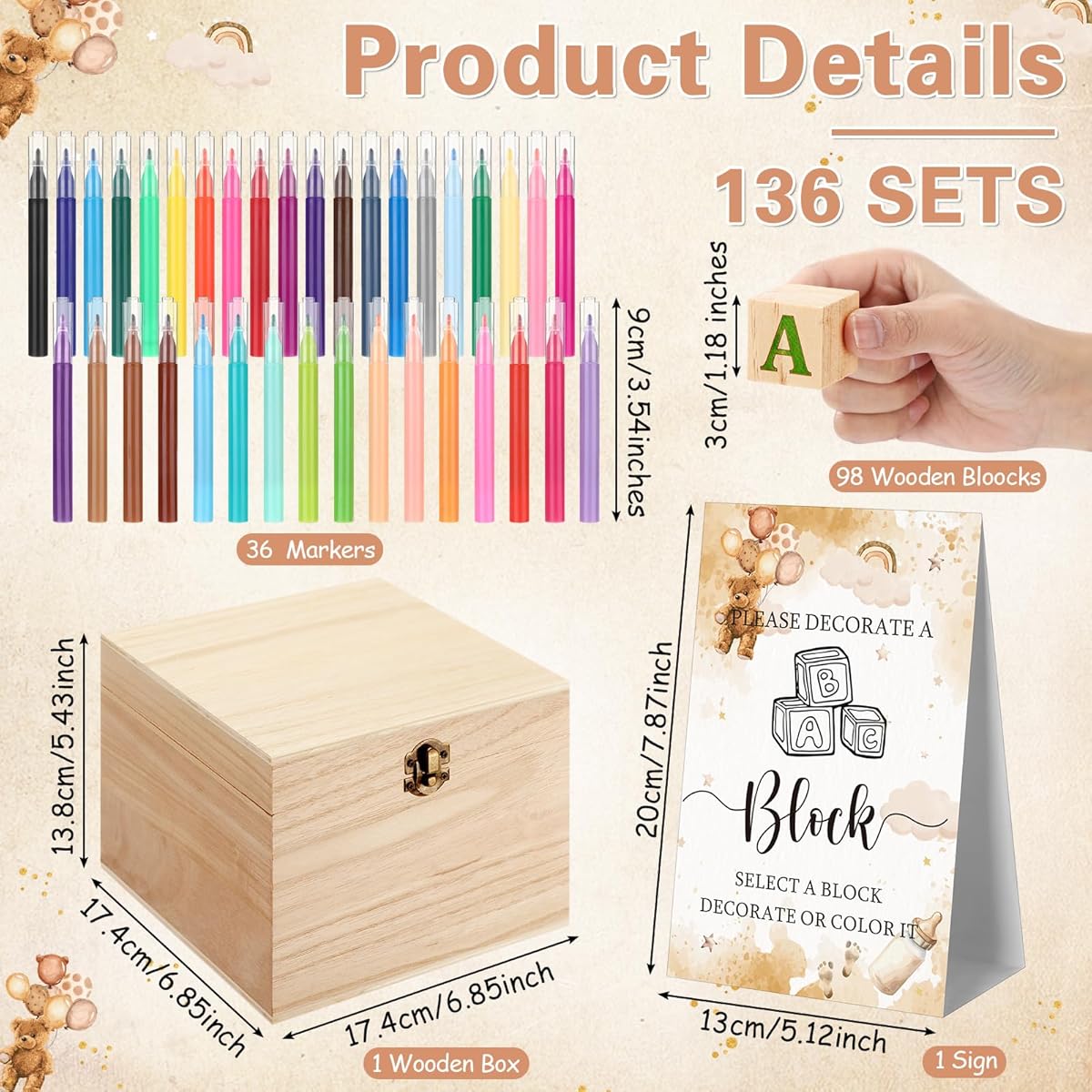 136pcs Marsui Shower Block Building - 98 Wood Blocks, 36 Markers & Storage Box with Alphabet, Numbers, Patterns - Gender Reveal Party Games, DIY Decor, Announcement Activity Kit for & Showers