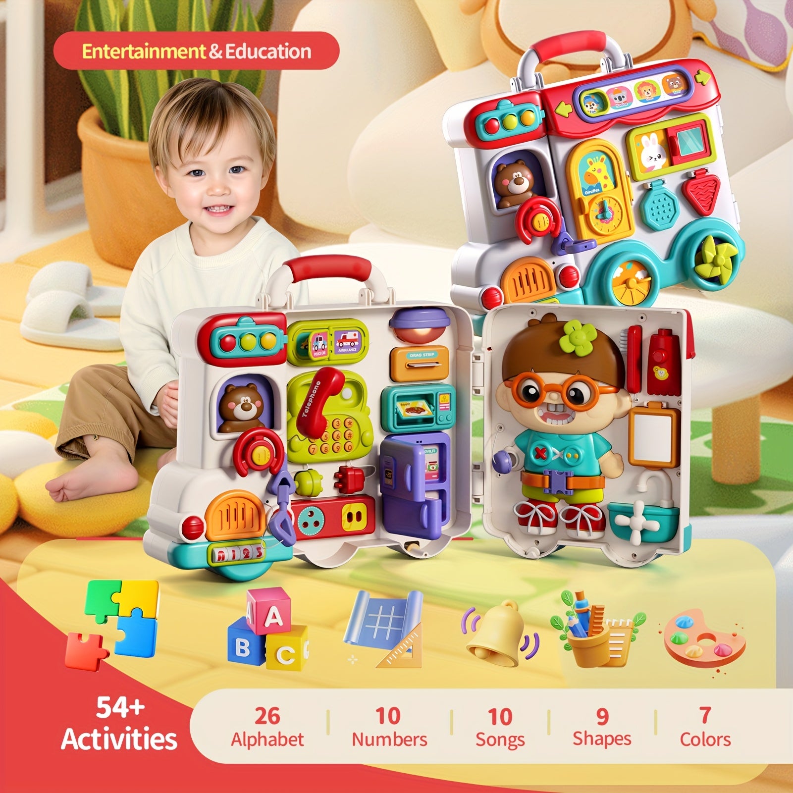 Musical Busy Board Toys 54-in-1 English & Spanish Musical Busy Board Toys 1-3, Early Educational Toy for 1, 2, and 3-Year-Old, Bilingual Learning Gift Ages 1+, Engagement, Playful Design, Easygrip Buttons