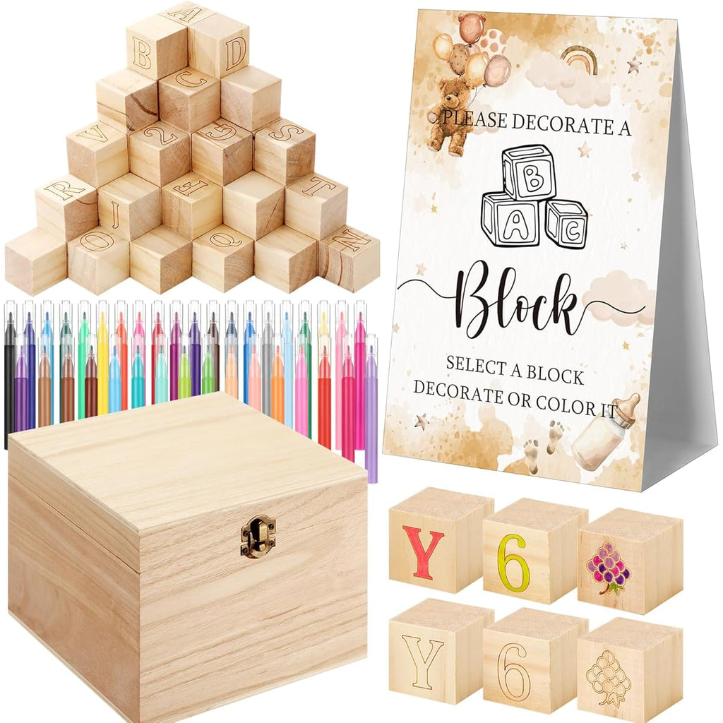 136pcs Marsui Shower Block Building - 98 Wood Blocks, 36 Markers & Storage Box with Alphabet, Numbers, Patterns - Gender Reveal Party Games, DIY Decor, Announcement Activity Kit for & Showers