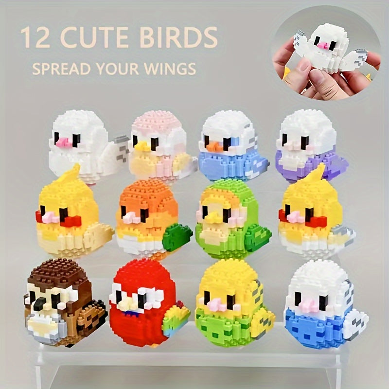 12 Cute DIY Cartoon Bird Micro-Particle Puzzle Animal Building Blocks for Youngsters, Boys and Girls, Desktop Ornaments, Toys and Gifts