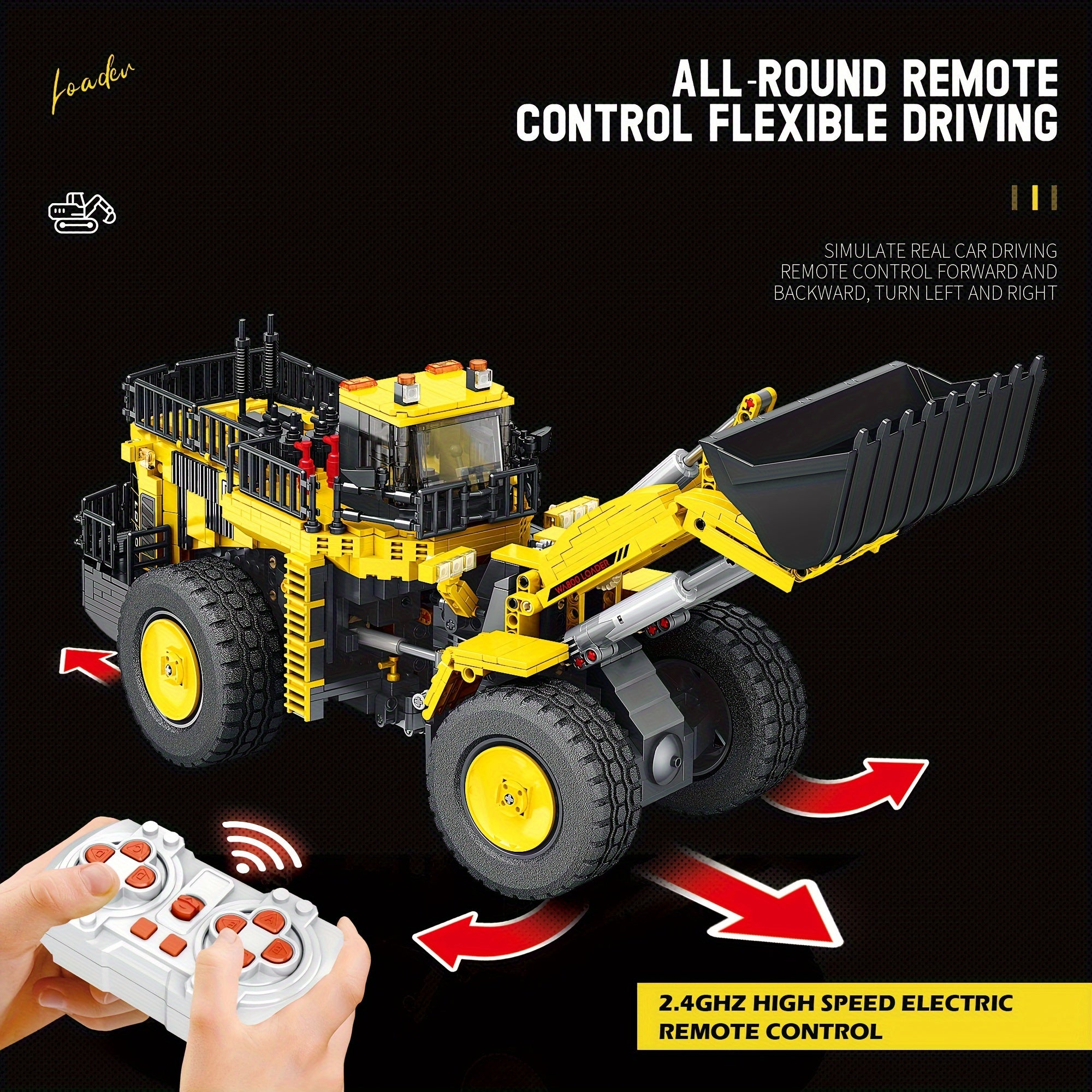 1876pcs Reobrix 22009 Yellow Shovel Loader Building Blocks, Remote Control Crane Vehicle Building Model Kits, High Difficulty Toy Assembly Model, Halloween, Christmas And Birthday Gift for Adults