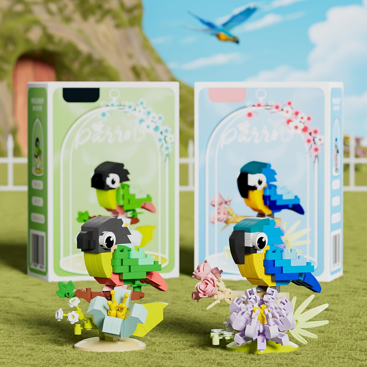 DIY Building Block Parrot Bird Series - Chibi-Style Colorful Parrots with Expressive Eyes, Sturdy Base & Decorative Display for Christmas\u002FHalloween Gifts, Home\u002FOffice Decor - Multi-Color (Blue, Yellow, Pink, Green, Red, White, Black) - Creative