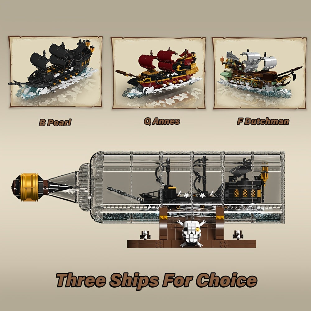 Pirate Ship In Bottle Building Block Model Kit, Pirate Ship Building Block Model, Ideal Collectible For Ship Construction Building Block Model Enthusiasts And Lovers, Home\u002Foffice Trendy Decor, New Year\u002FChristmas Gifts (2416\u002F2488\u002F2499pc